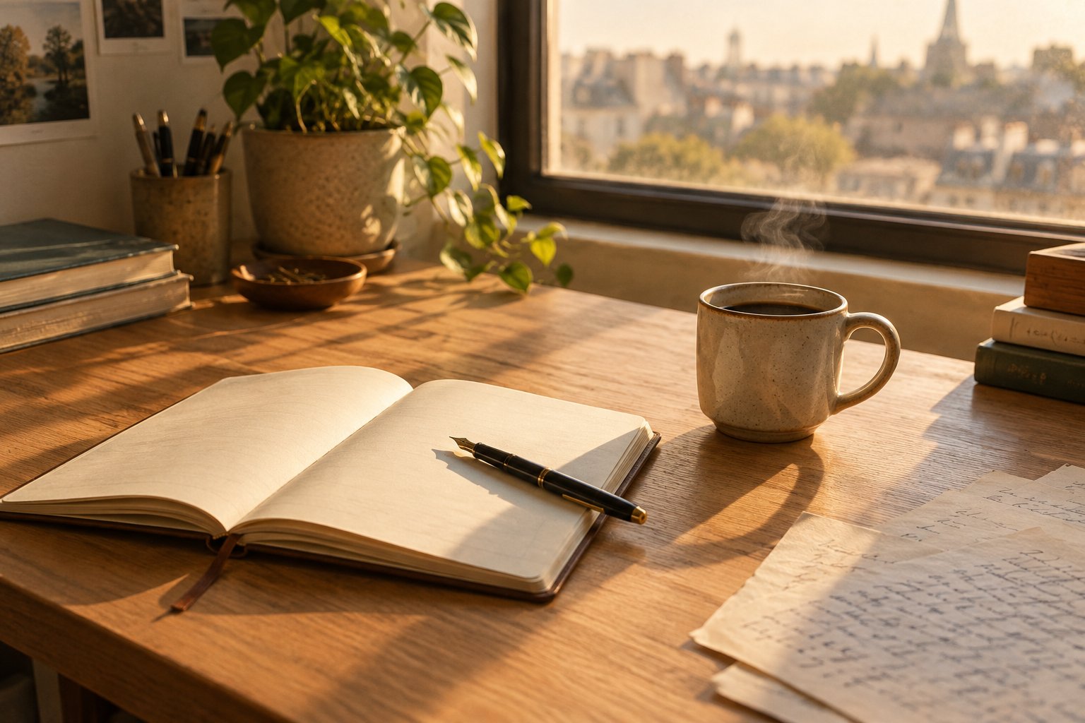 Un carnet ouvert, un stylo et une tasse de café sur un bureau en bois près d'une fenêtre, lumière douce du matin.