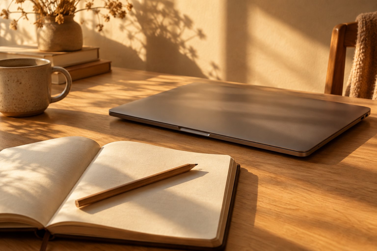 Un ordinateur portable fermé et un cahier ouvert sur une table en bois, lumière rasante de fin d'après-midi.