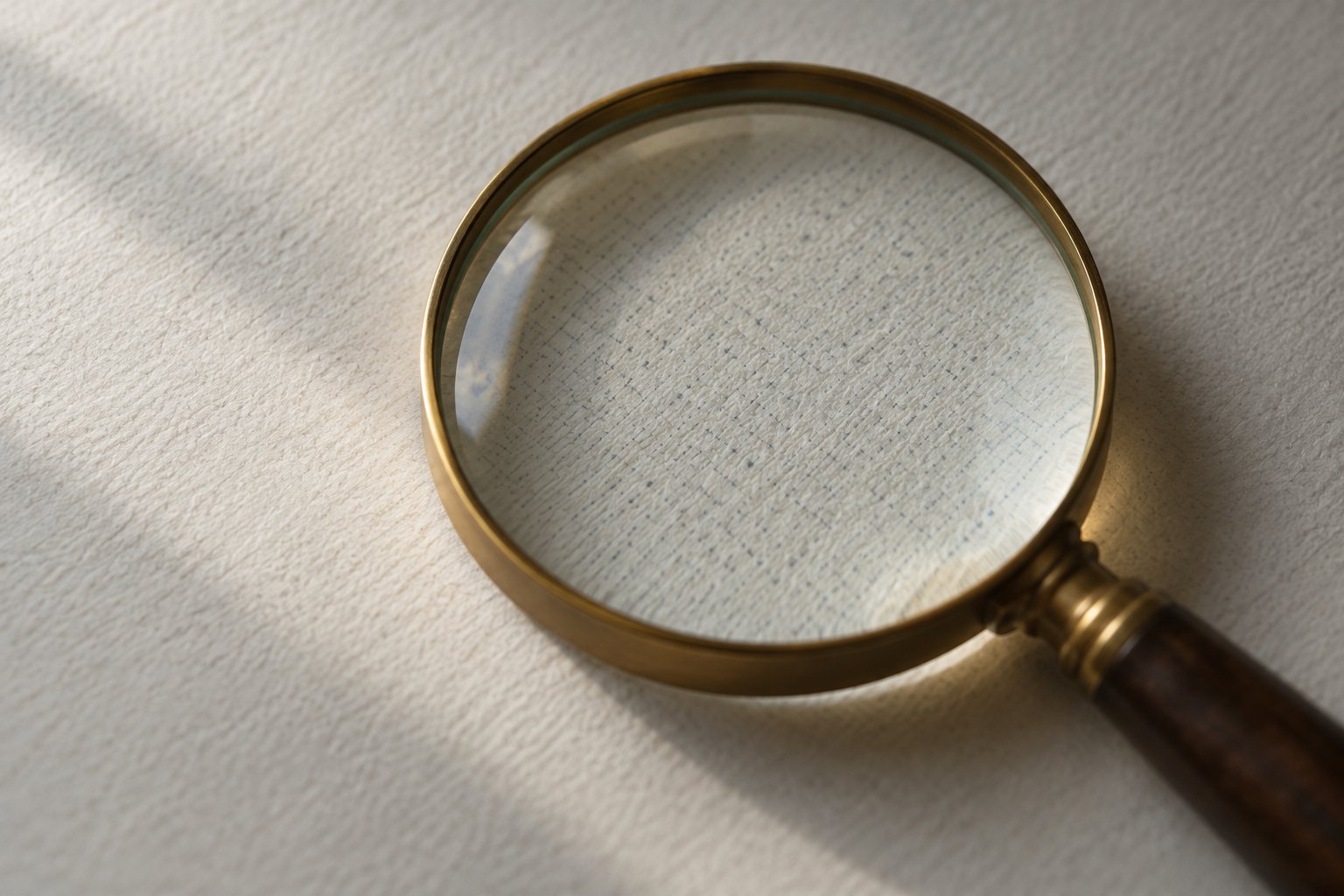 Loupe posée sur une feuille imprimée en lumière rasante, détail de trame