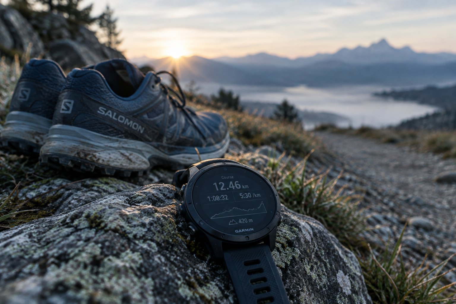 Chaussures de running et montre GPS posées sur un chemin au lever du jour